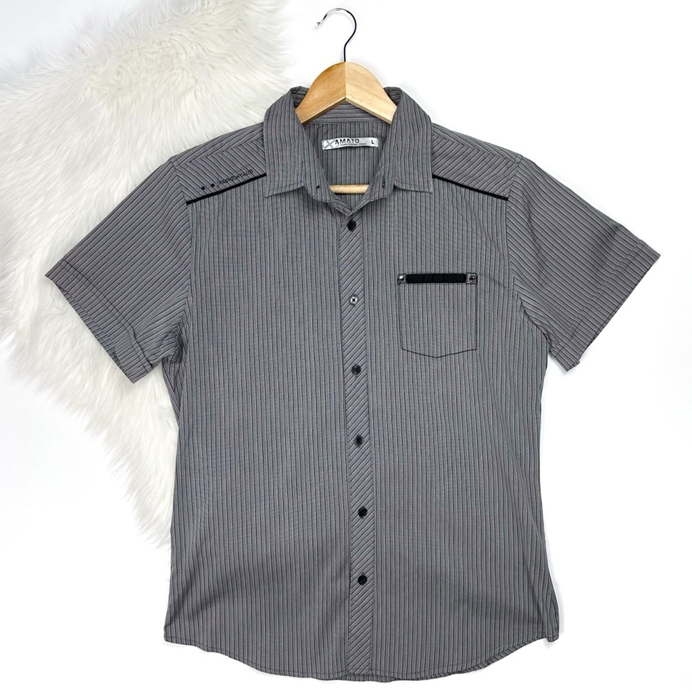 Amato Men's Striped Short Sleeve Shirt Gray Size L (runs small)